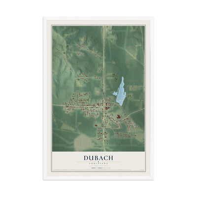 Map of Dubach, Louisiana, 12 x 18 inch print in a white wood frame