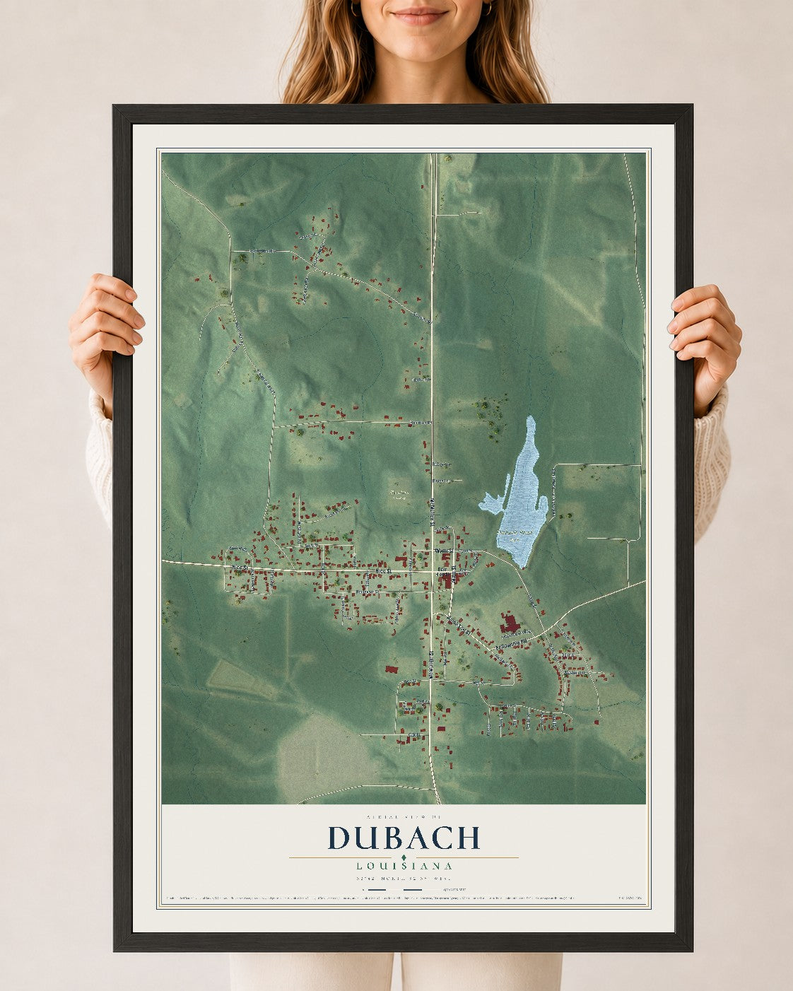 Map of Dubach, Louisiana, 24 x 36 inch print in a black wood frame