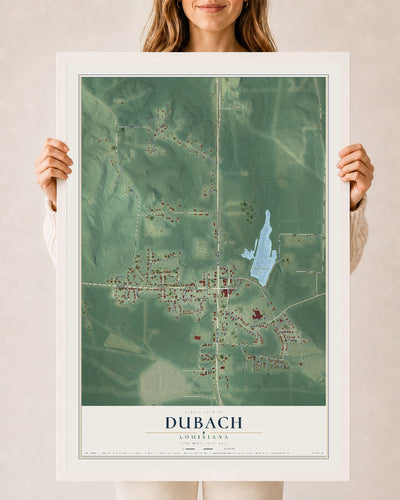 Map of Dubach, Louisiana, 24 x 36 inch print in a white wood frame