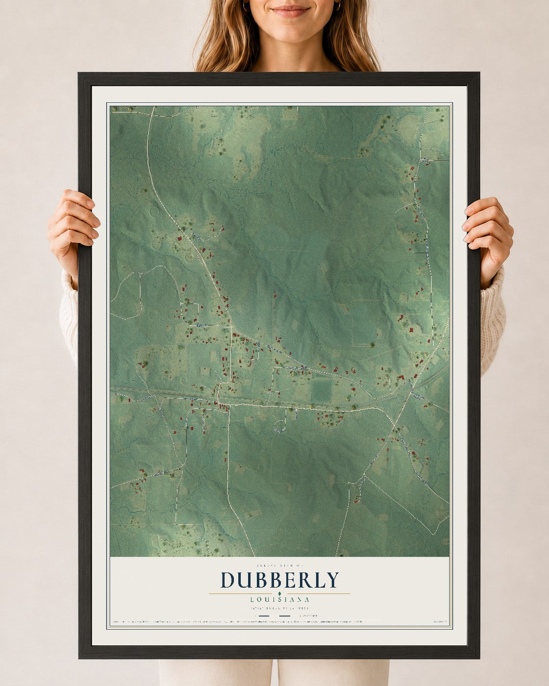 Map of Dubberly, Louisiana, 24 x 36 inch print in a black wood frame