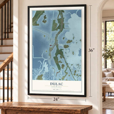 Dulac, Louisiana map, 24 x 36 inch print in a black frame by a staircase