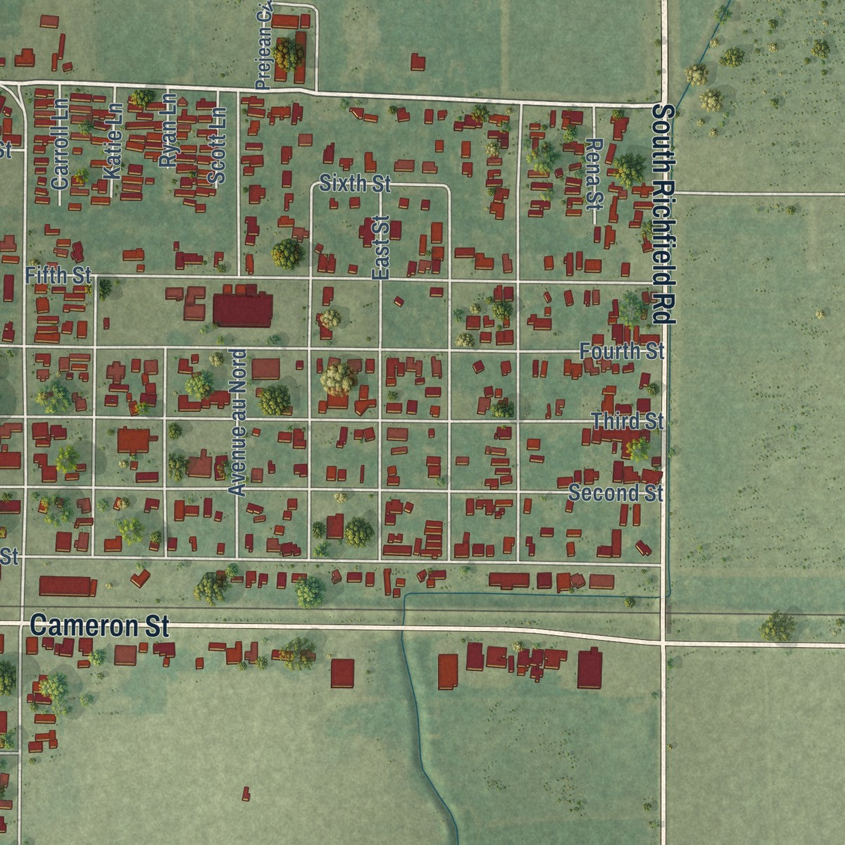 Close-up of the map of Duson, Louisiana print showing street and building detail