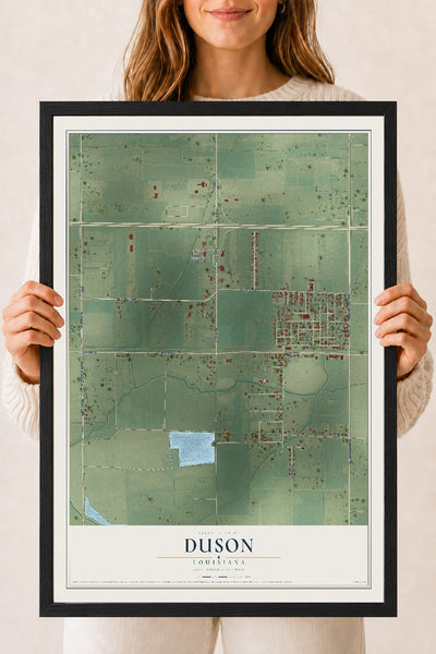 Map of Duson, Louisiana, 18 x 24 inch print in a black wood frame
