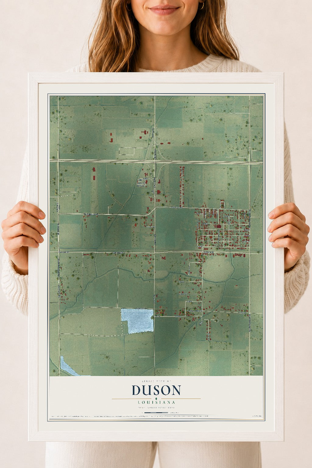 Map of Duson, Louisiana, 18 x 24 inch print in a white wood frame