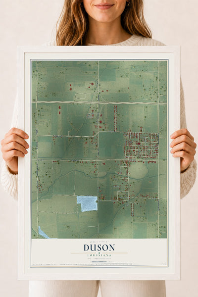 Map of Duson, Louisiana, 18 x 24 inch print in a white wood frame