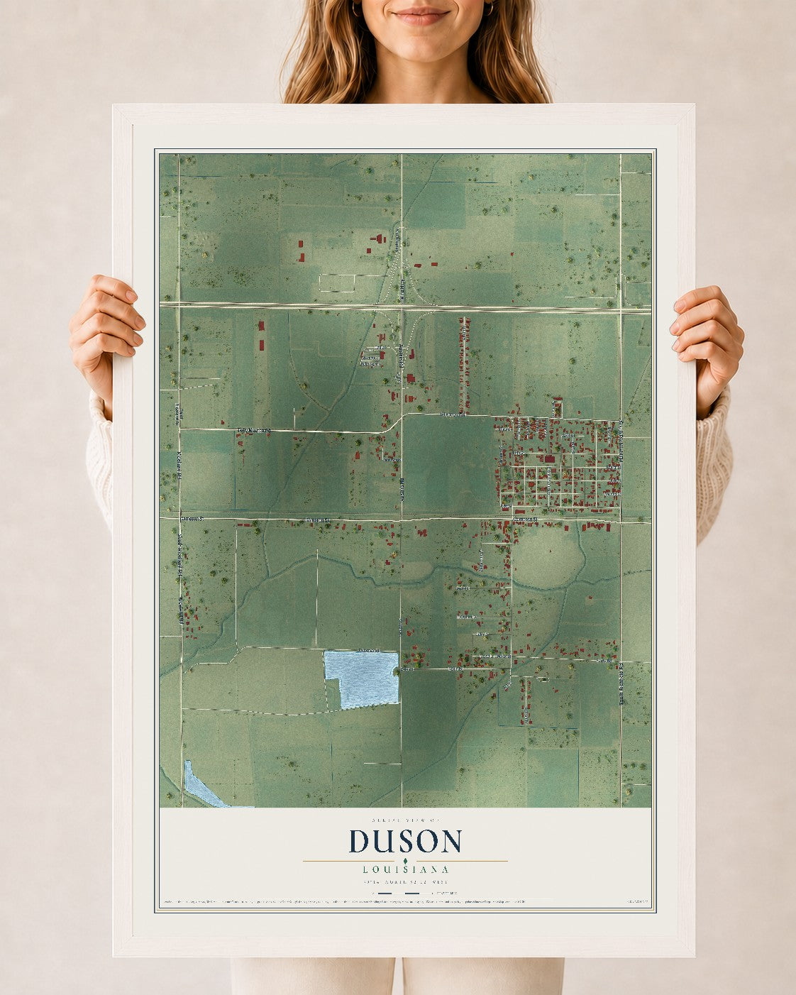 Map of Duson, Louisiana, 24 x 36 inch print in a white wood frame