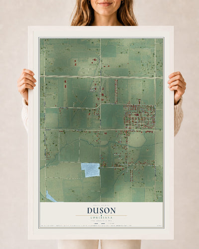 Map of Duson, Louisiana, 24 x 36 inch print in a white wood frame