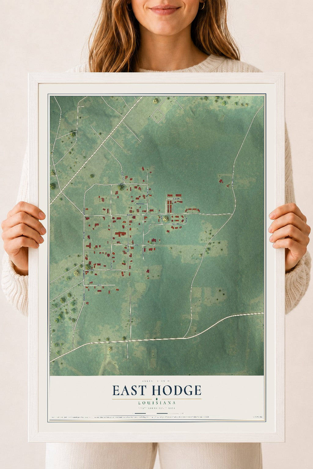 Map of East Hodge, Louisiana, 18 x 24 inch print in a white wood frame