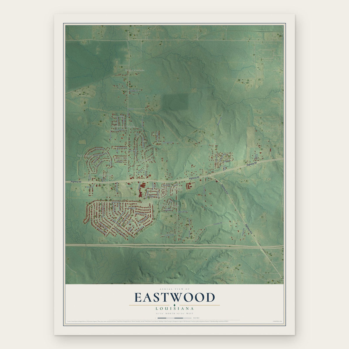 Eastwood, Louisiana map print, the full design
