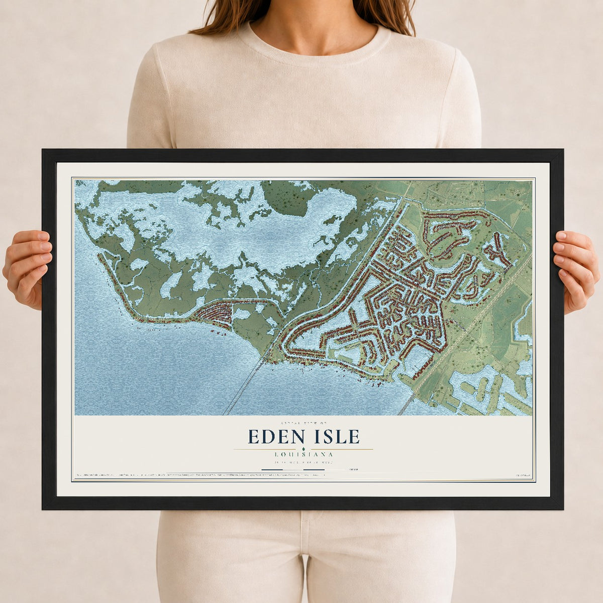 Map of Eden Isle, Louisiana, 12 x 18 inch print in a black wood frame