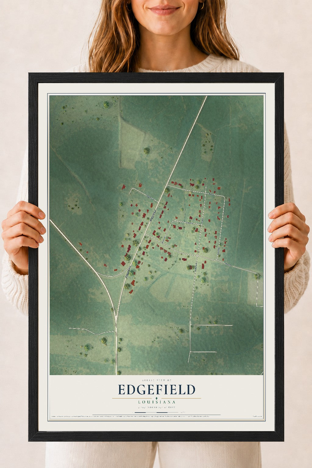 Map of Edgefield, Louisiana, 18 x 24 inch print in a black wood frame