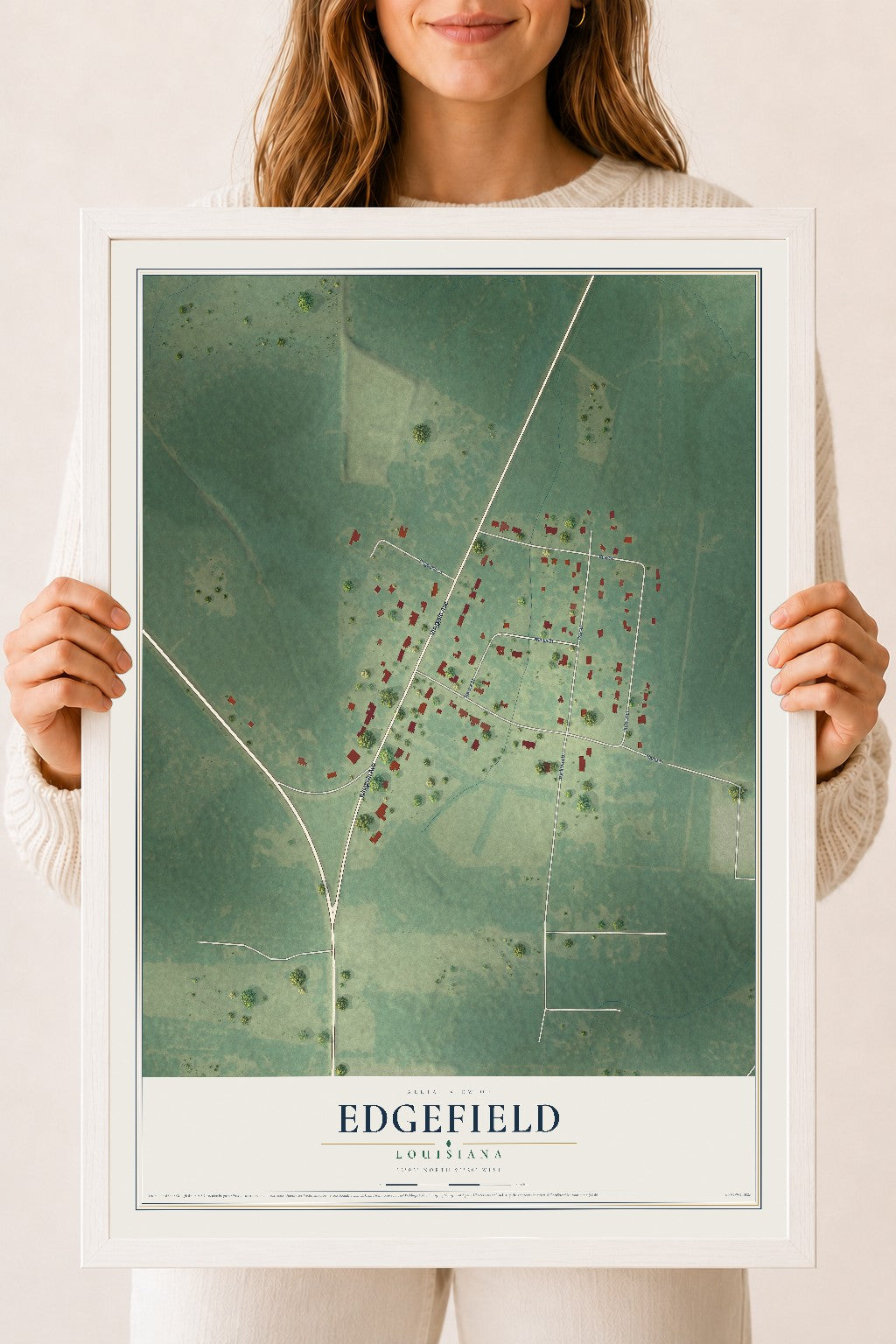 Map of Edgefield, Louisiana, 18 x 24 inch print in a white wood frame
