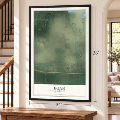 Egan, Louisiana map, 24 x 36 inch print in a black frame by a staircase