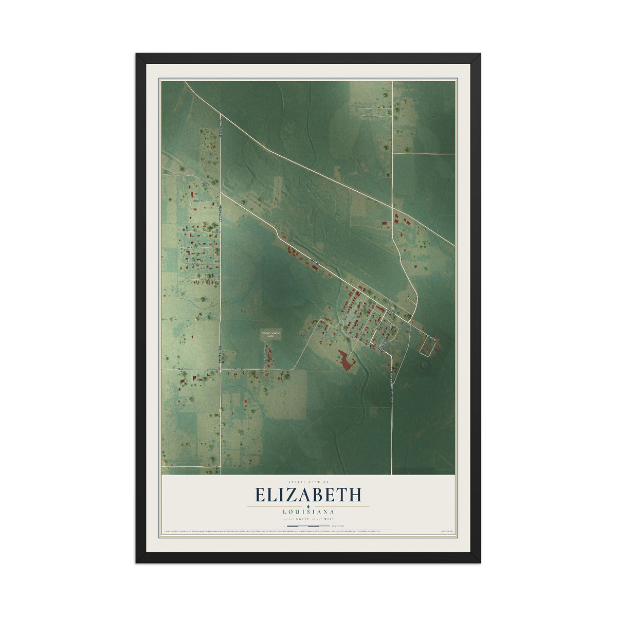 Map of Elizabeth, Louisiana, 12 x 18 inch print in a black wood frame