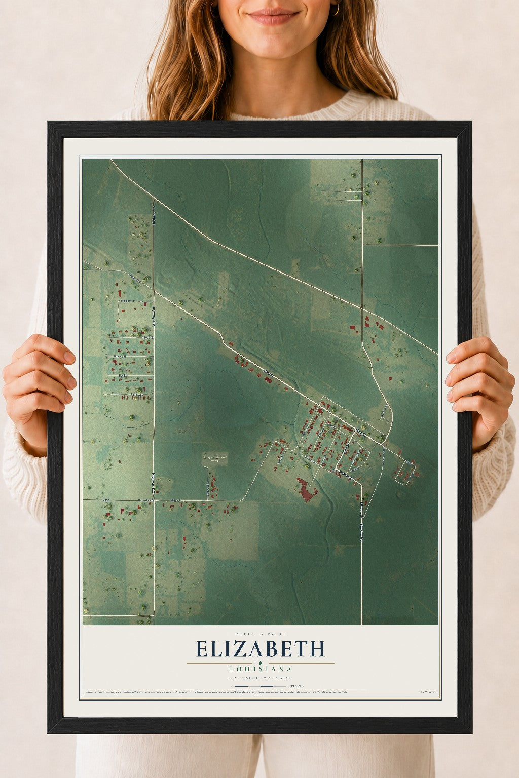 Map of Elizabeth, Louisiana, 18 x 24 inch print in a black wood frame
