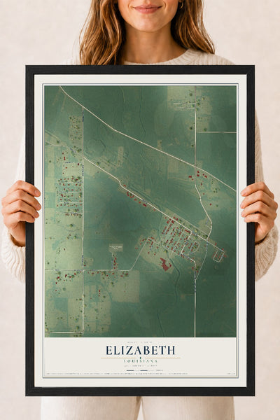 Map of Elizabeth, Louisiana, 18 x 24 inch print in a black wood frame