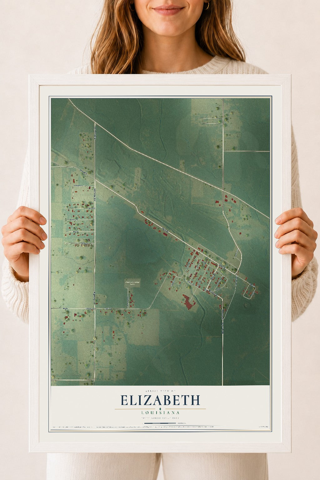 Map of Elizabeth, Louisiana, 18 x 24 inch print in a white wood frame