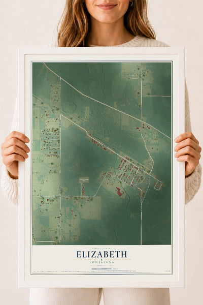 Map of Elizabeth, Louisiana, 18 x 24 inch print in a white wood frame