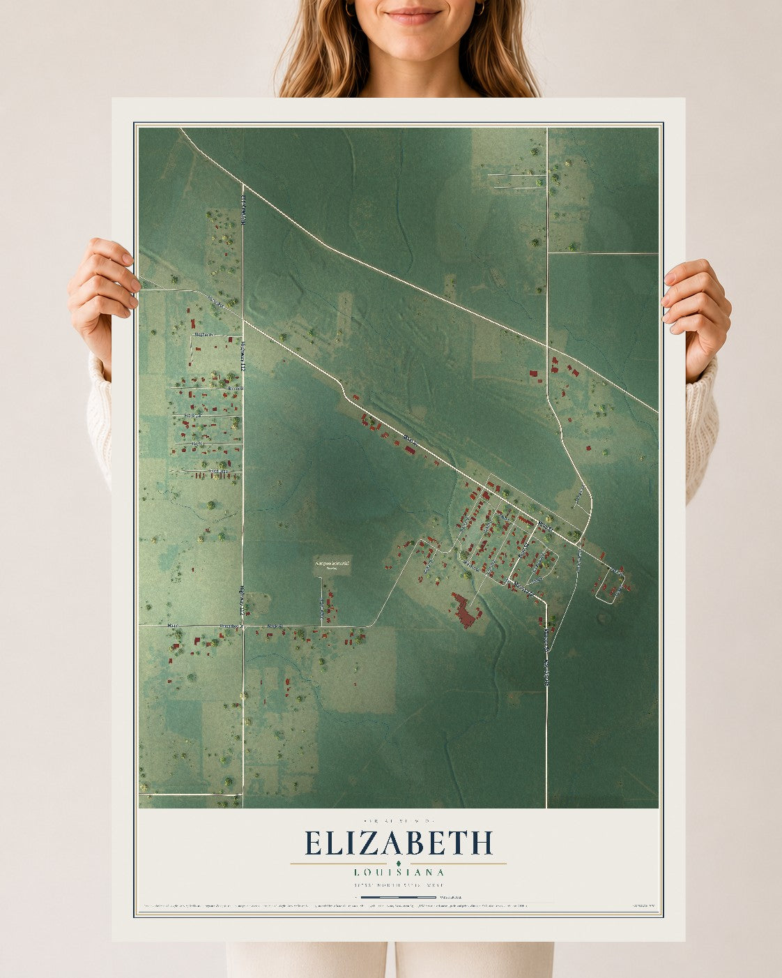 Map of Elizabeth, Louisiana, 24 x 36 inch unframed archival matte print