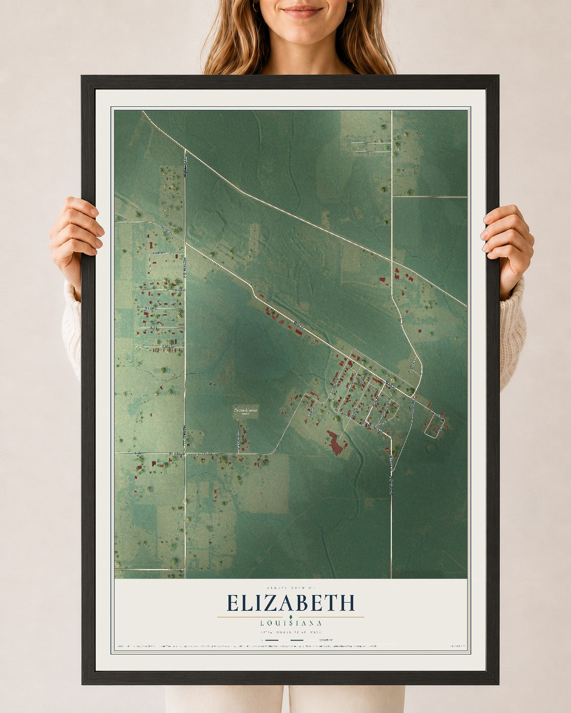 Map of Elizabeth, Louisiana, 24 x 36 inch print in a black wood frame