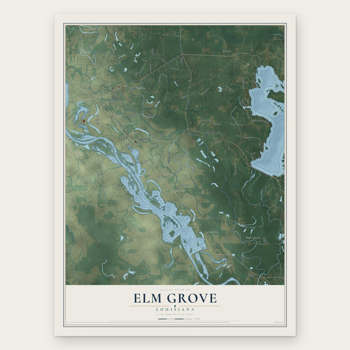 Elm Grove, Louisiana map print, the full design