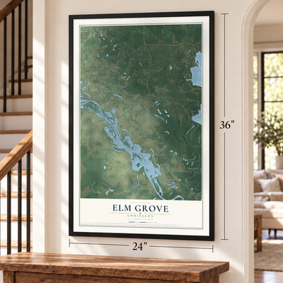 Elm Grove, Louisiana map, 24 x 36 inch print in a black frame by a staircase
