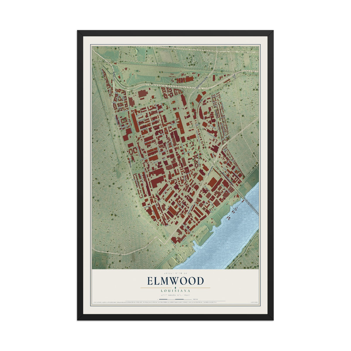 Map of Elmwood, Louisiana, 12 x 18 inch print in a black wood frame