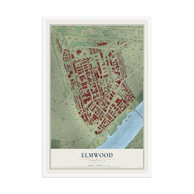Map of Elmwood, Louisiana, 12 x 18 inch print in a white wood frame