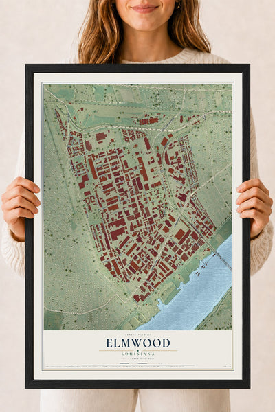 Map of Elmwood, Louisiana, 18 x 24 inch print in a black wood frame