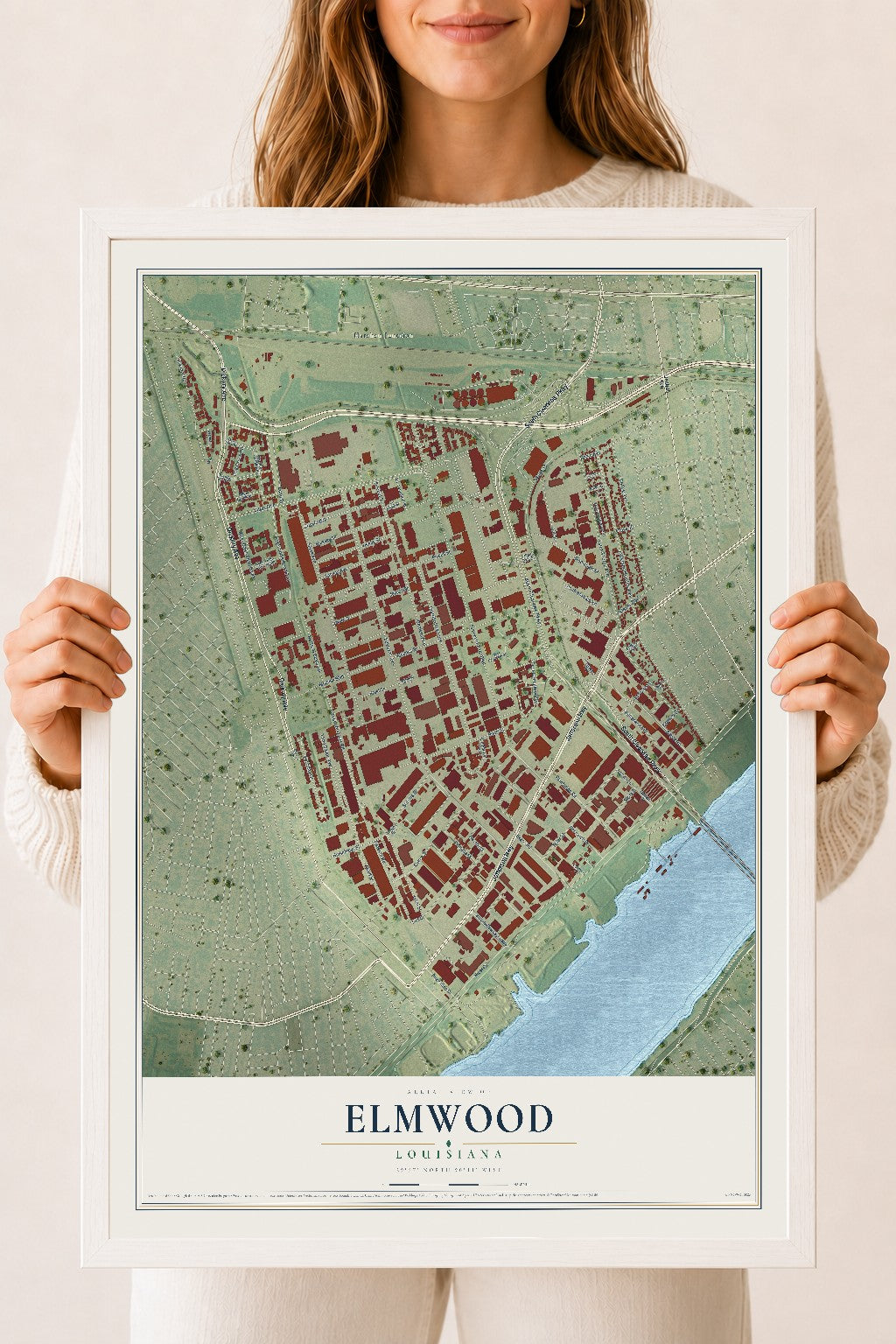 Map of Elmwood, Louisiana, 18 x 24 inch print in a white wood frame