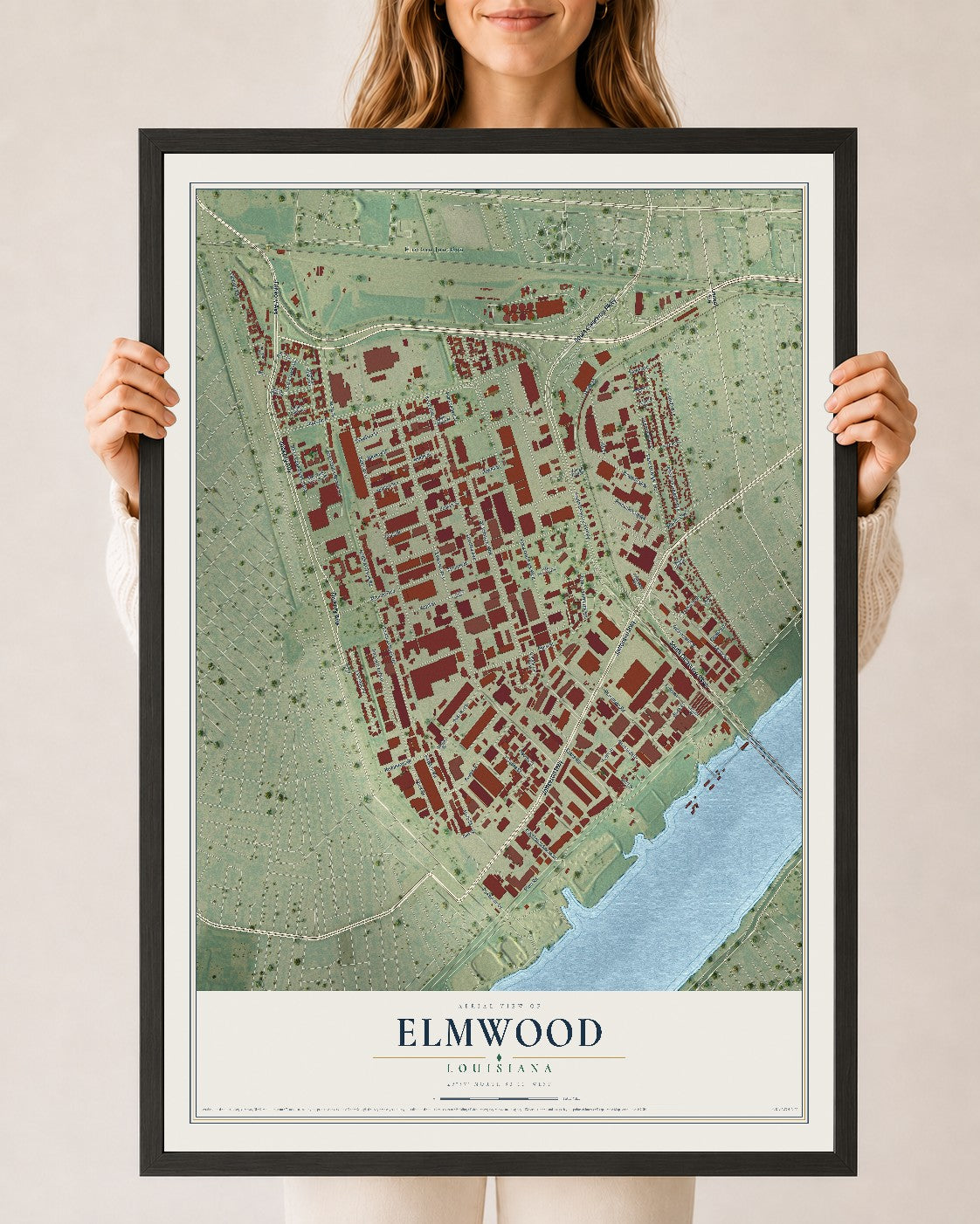 Map of Elmwood, Louisiana, 24 x 36 inch print in a black wood frame