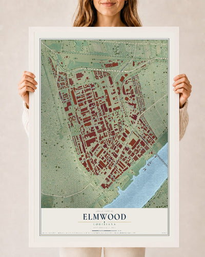 Map of Elmwood, Louisiana, 24 x 36 inch print in a white wood frame