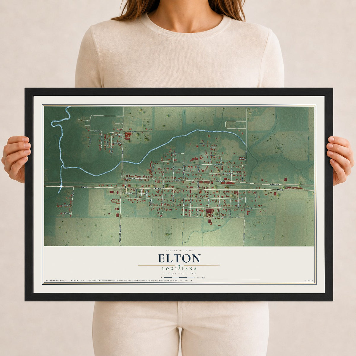 Map of Elton, Louisiana, 12 x 18 inch print in a black wood frame