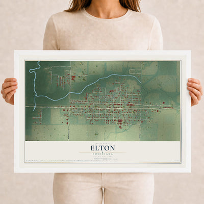 Map of Elton, Louisiana, 12 x 18 inch print in a white wood frame