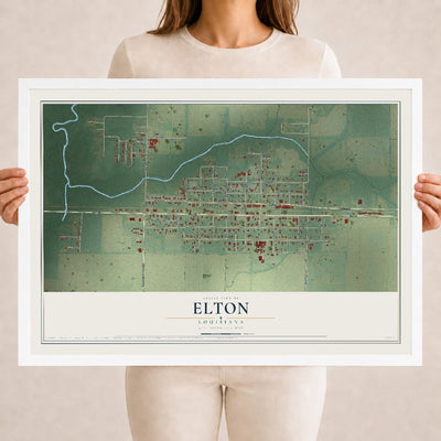 Map of Elton, Louisiana, 18 x 24 inch print in a white wood frame