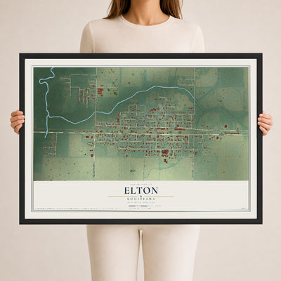 Map of Elton, Louisiana, 24 x 36 inch print in a black wood frame