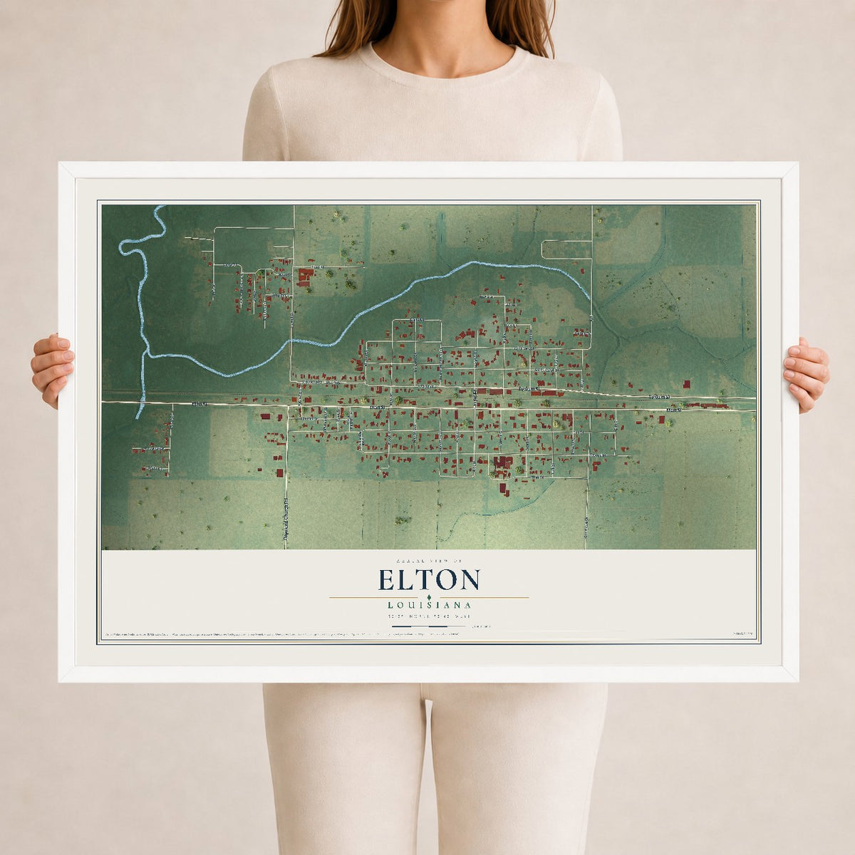 Map of Elton, Louisiana, 24 x 36 inch print in a white wood frame