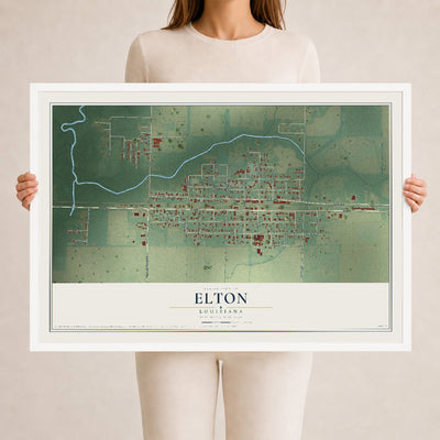 Map of Elton, Louisiana, 24 x 36 inch print in a white wood frame