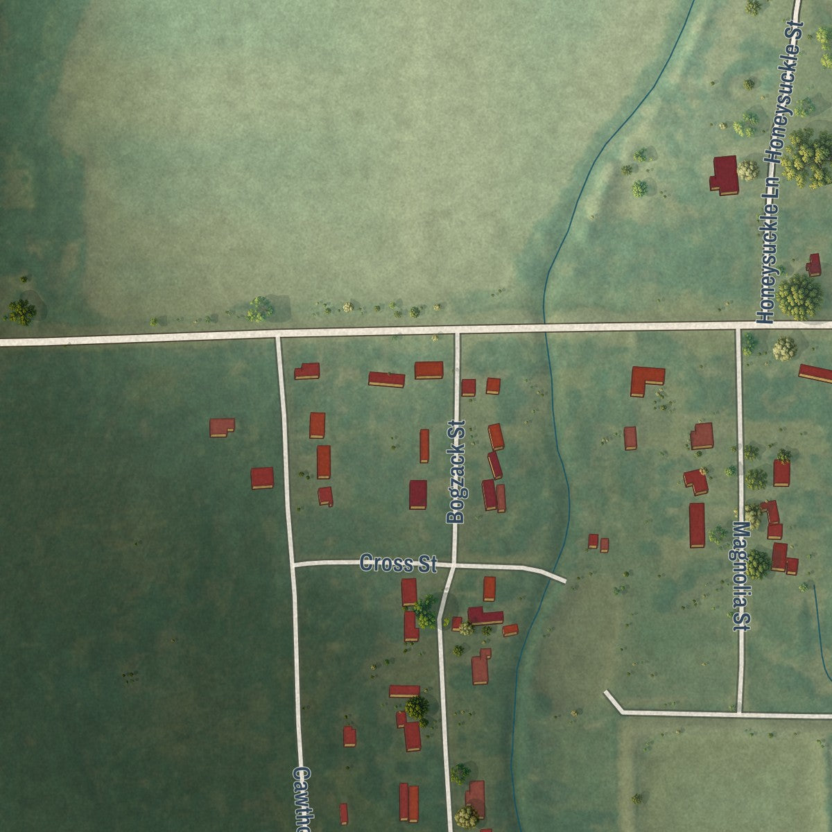 Second close-up of the map of Epps, Louisiana print showing more streets and buildings
