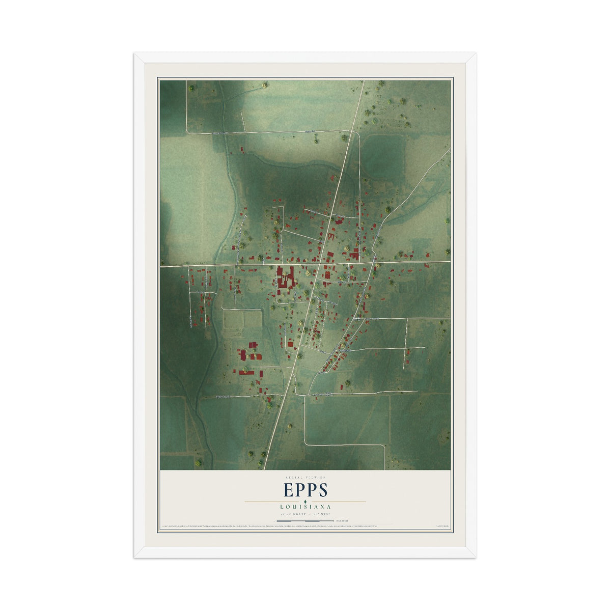 Map of Epps, Louisiana, 12 x 18 inch print in a white wood frame
