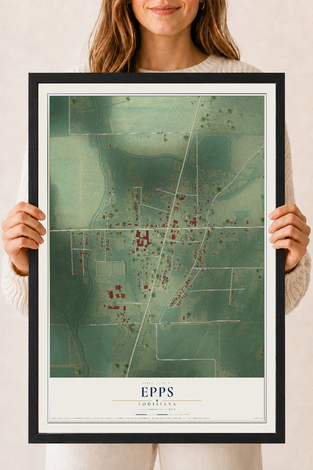 Map of Epps, Louisiana, 18 x 24 inch print in a black wood frame