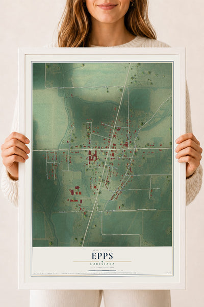 Map of Epps, Louisiana, 18 x 24 inch print in a white wood frame