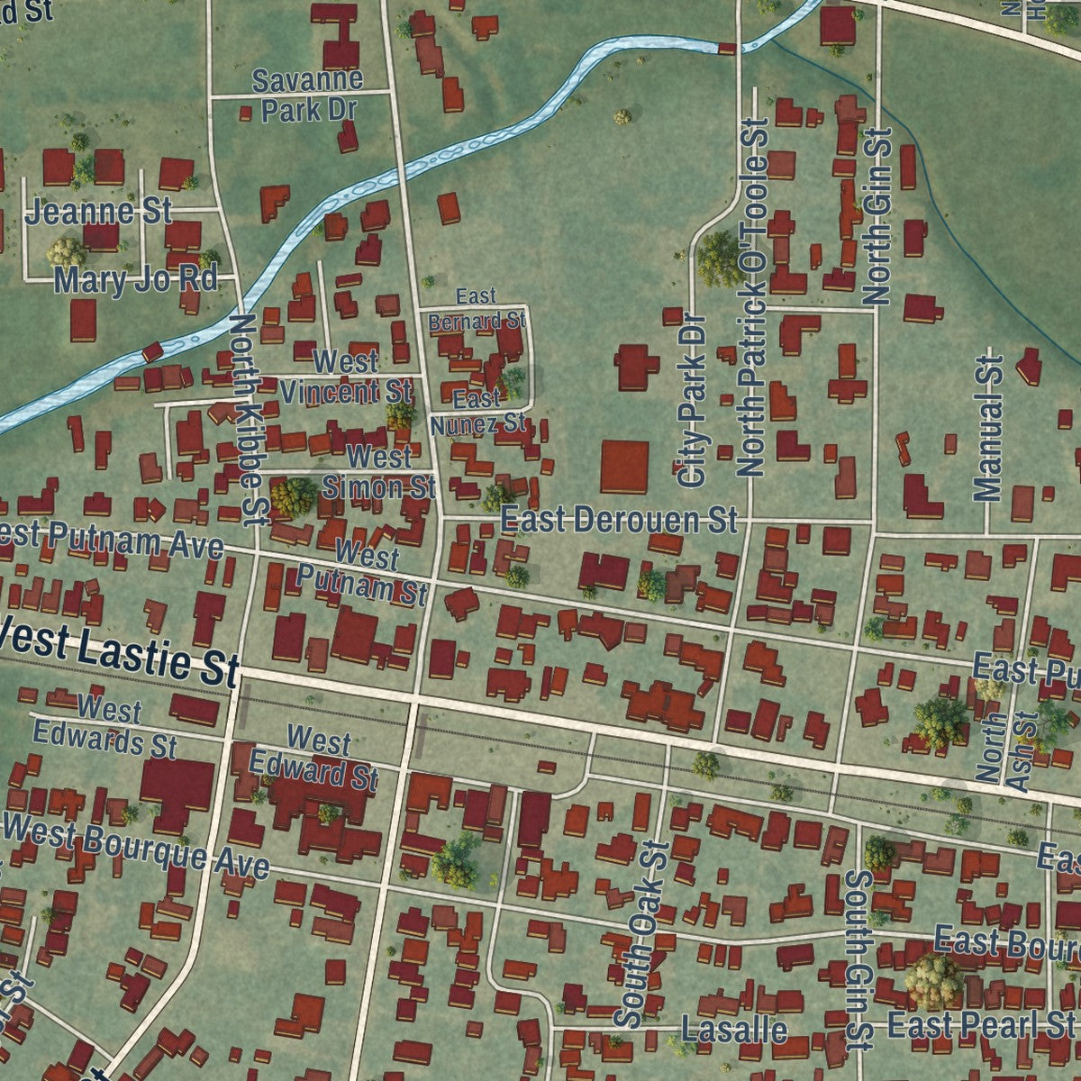 Close-up of the map of Erath, Louisiana print showing street and building detail