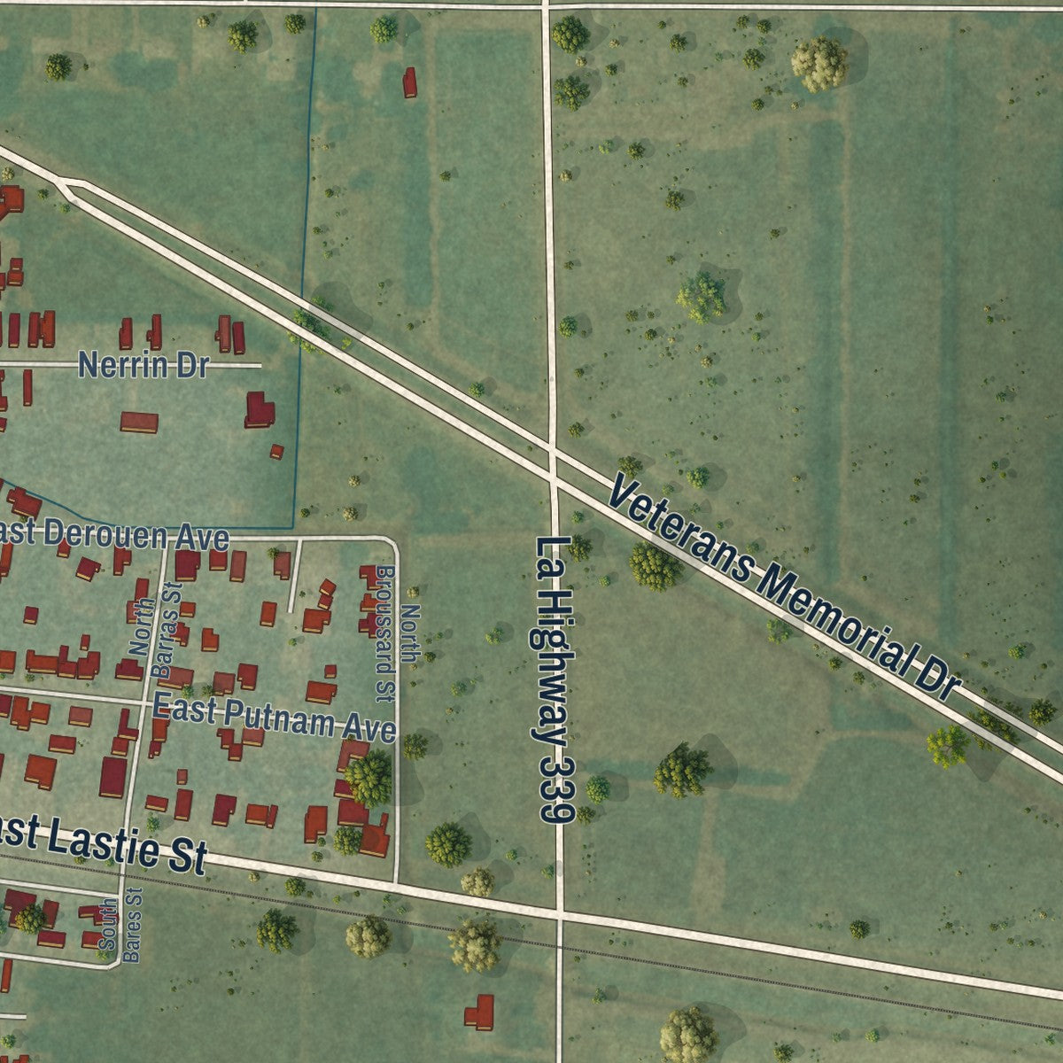 Second close-up of the map of Erath, Louisiana print showing more streets and buildings