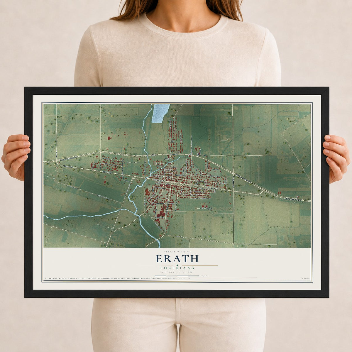 Map of Erath, Louisiana, 12 x 18 inch print in a black wood frame