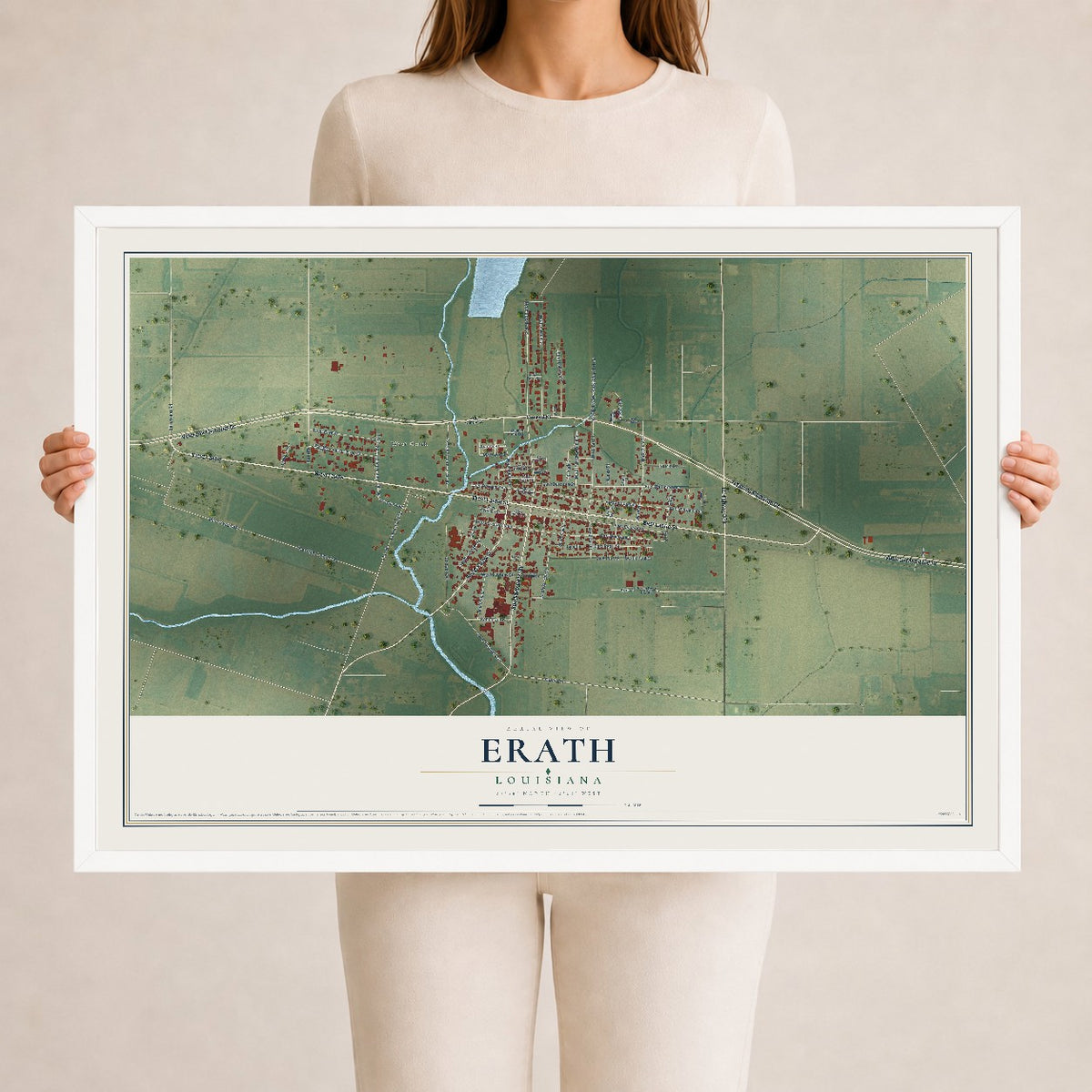 Map of Erath, Louisiana, 24 x 36 inch print in a white wood frame