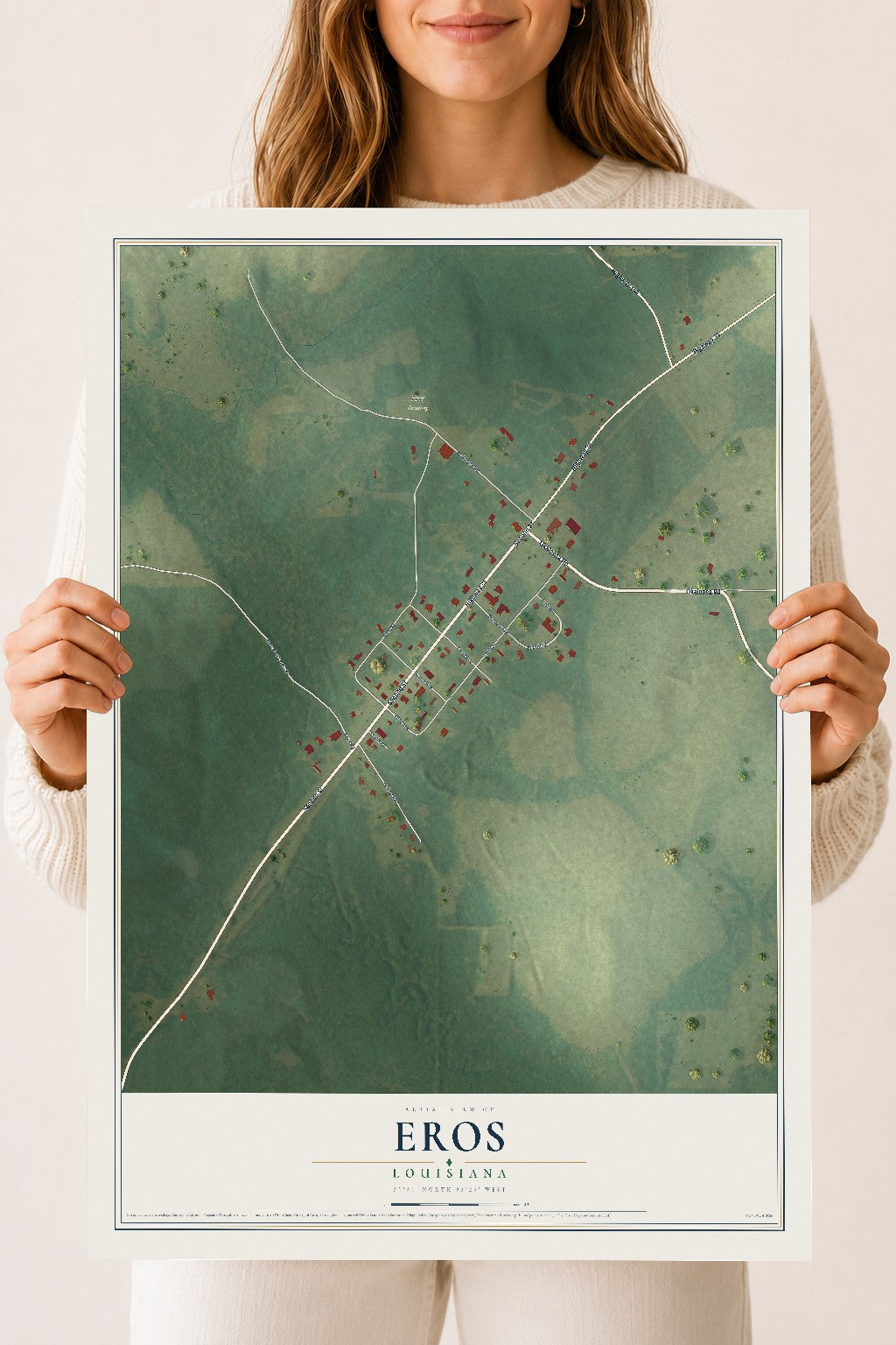 Map of Eros, Louisiana, 18 x 24 inch unframed archival matte print