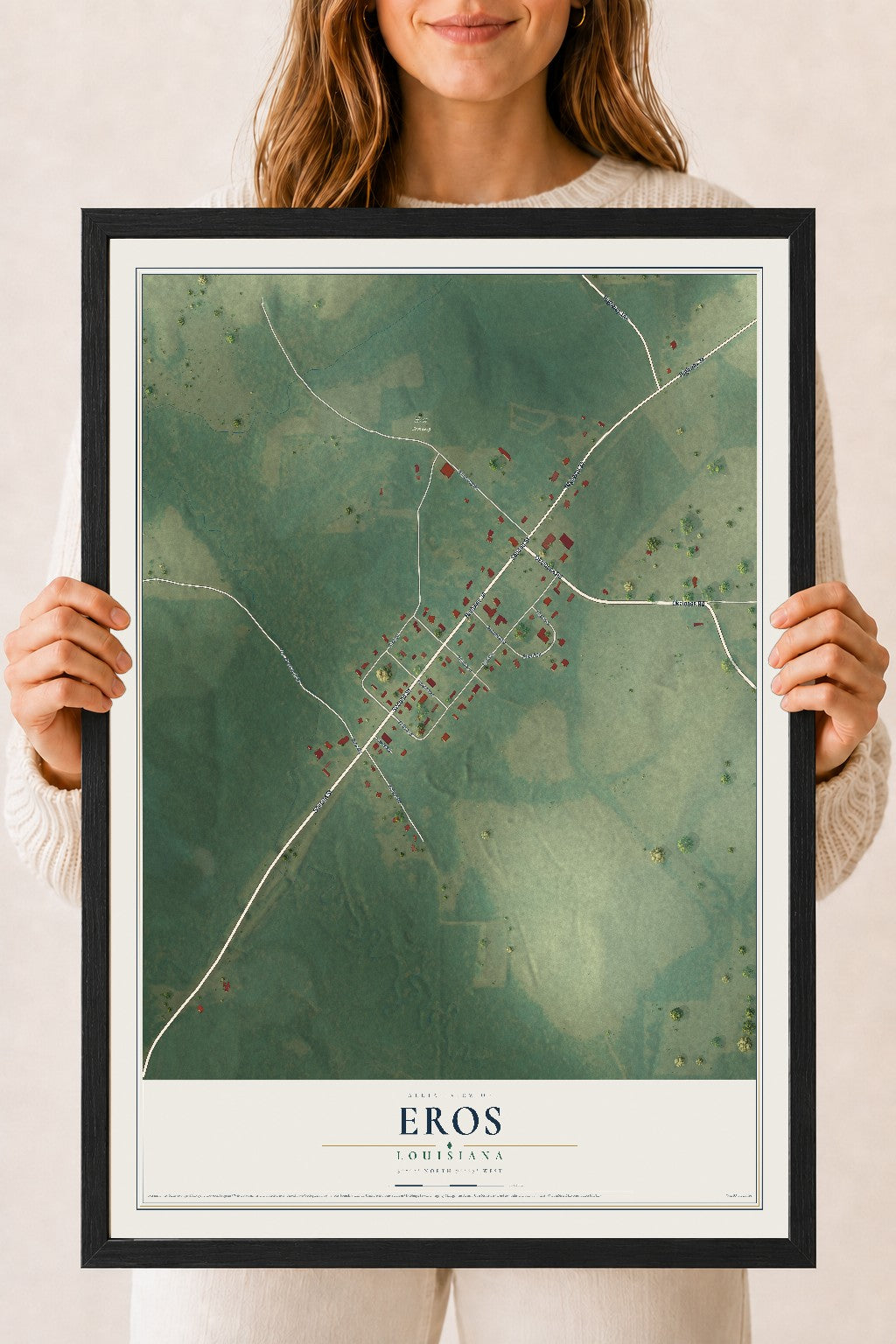Map of Eros, Louisiana, 18 x 24 inch print in a black wood frame