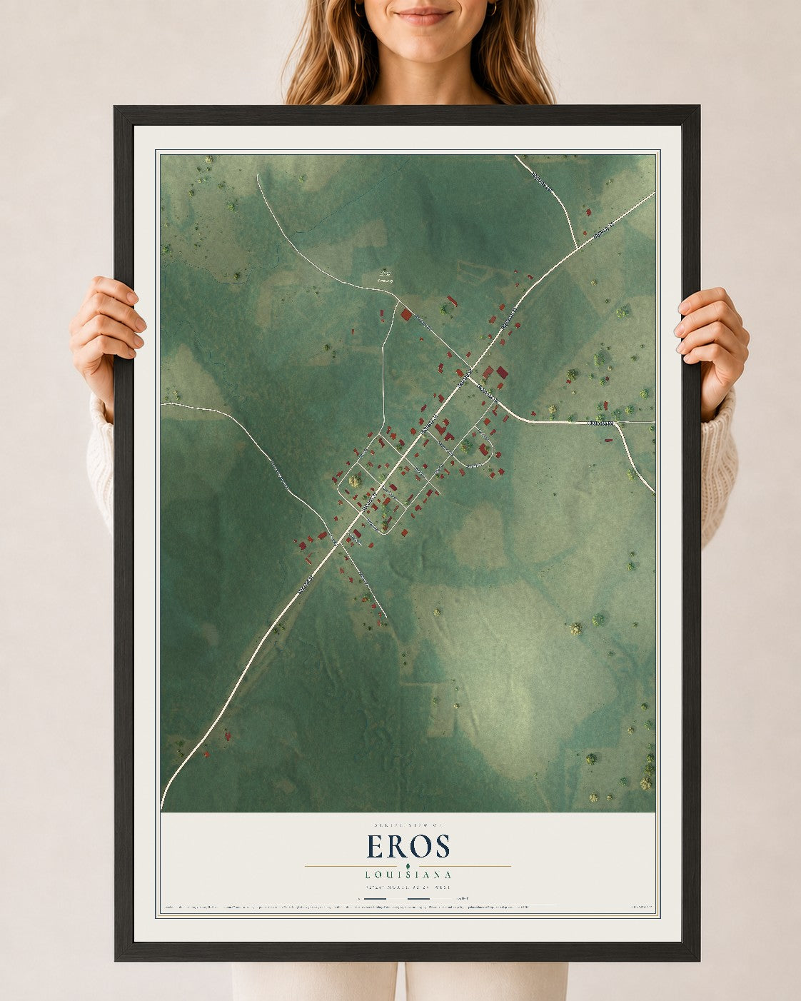Map of Eros, Louisiana, 24 x 36 inch print in a black wood frame