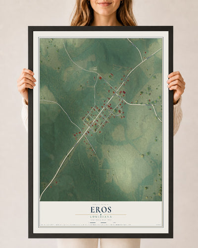 Map of Eros, Louisiana, 24 x 36 inch print in a black wood frame